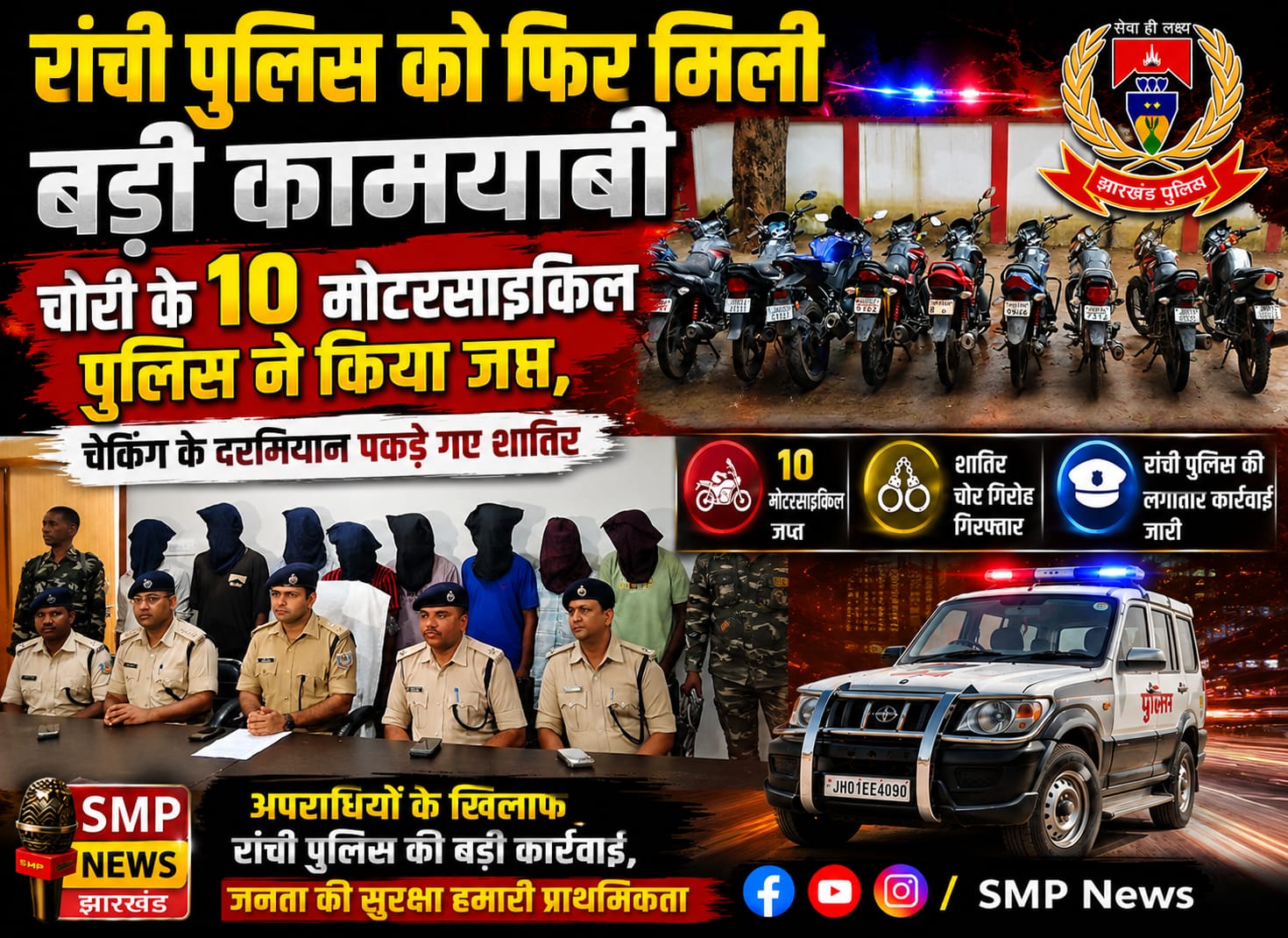 Ranchi-रांची पुलिस को फिर मिली बड़ी कामयाबी, चोरी के 10 मोटरसाइकिल पुलिस ने किया जप्त, चेकिंग के दरमियान पकड़ा गया शातिर
